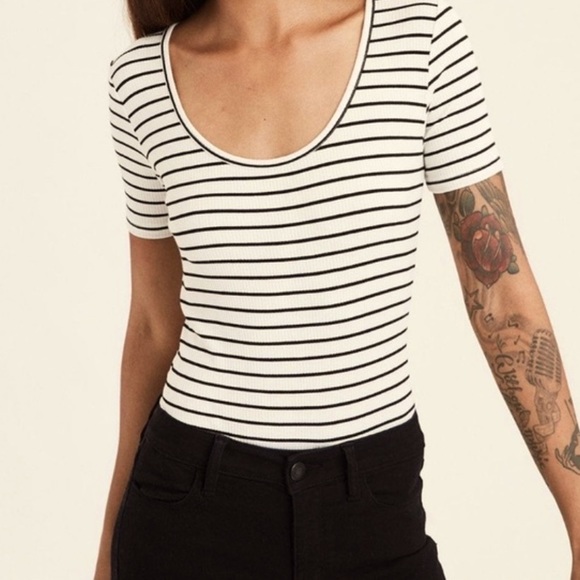 American Eagle Outfitters Tops - American Eagle Ribbed White Bodysuit with White Stripes Size M
